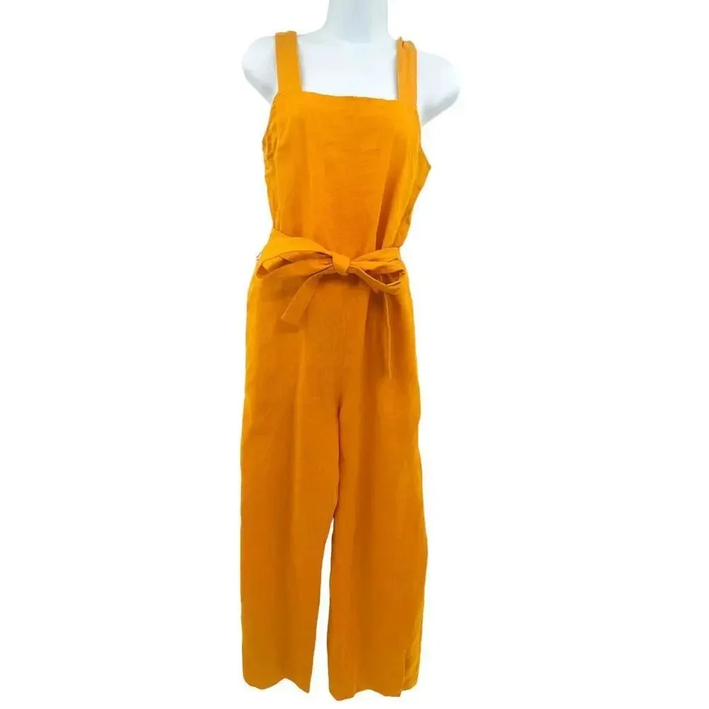EVERLANE Petite Jumpsuit size 2 Marigold Yellow Linen Square Neck Wide Leg